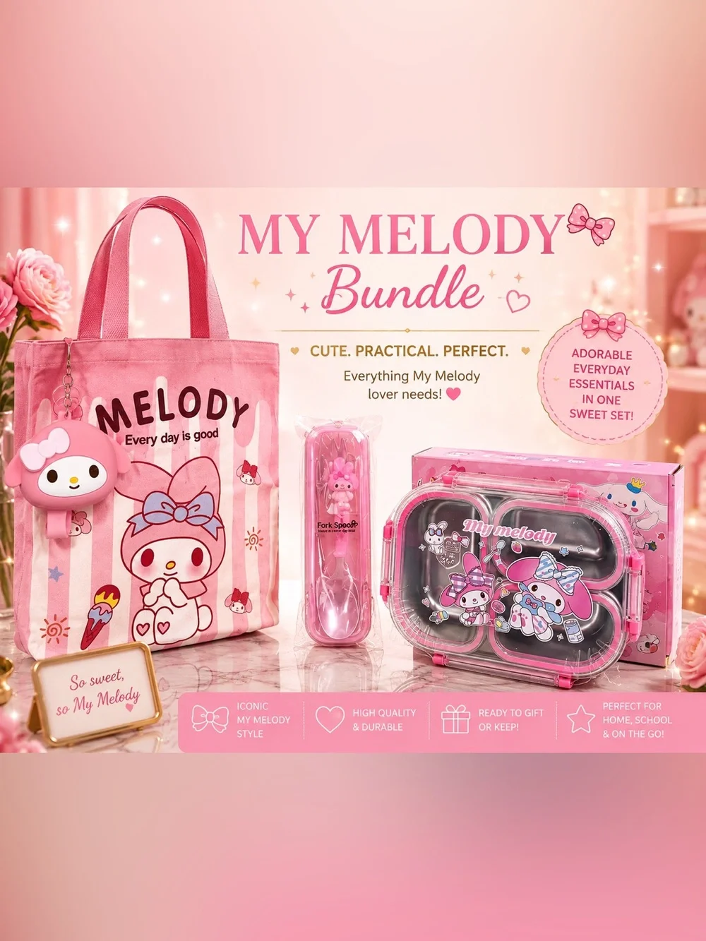 NEW My Melody Bento Lunch Box Tote Utensil & Charm Bundle | $75 Retail